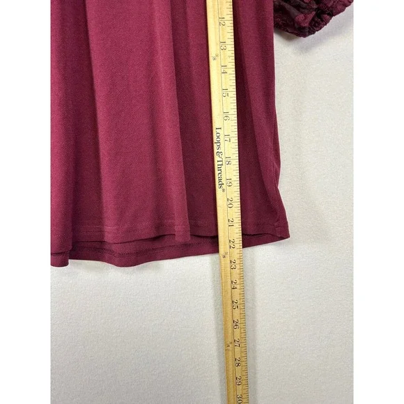 Romantic Flower & Feather Blouse Womens L Burgundy Lace Puff Sleeve Back Tie - Picture 6 of 9